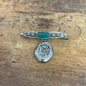 1928 Silver Locket Brooch with Green Accent